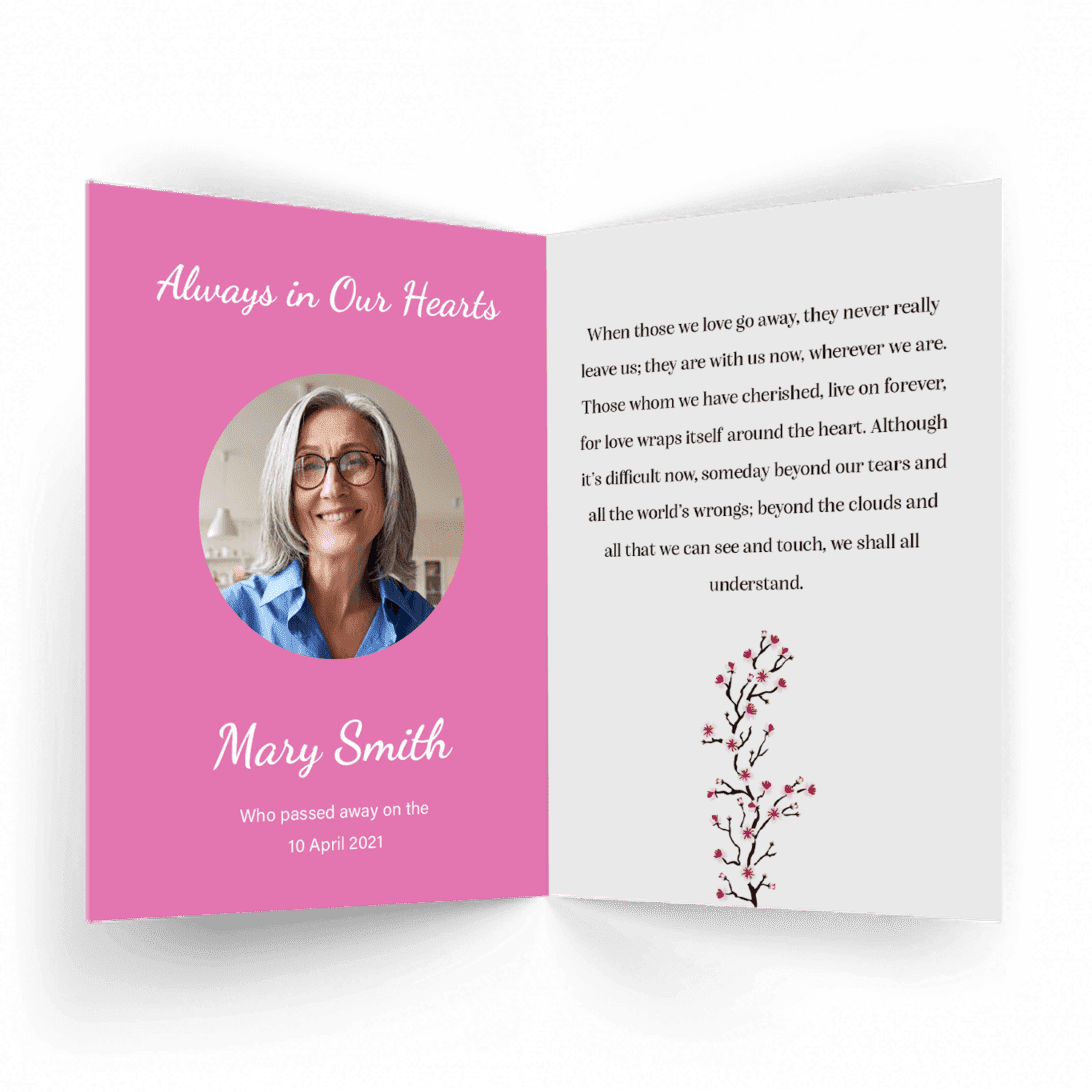 Pink plum trees Memorial Card inside